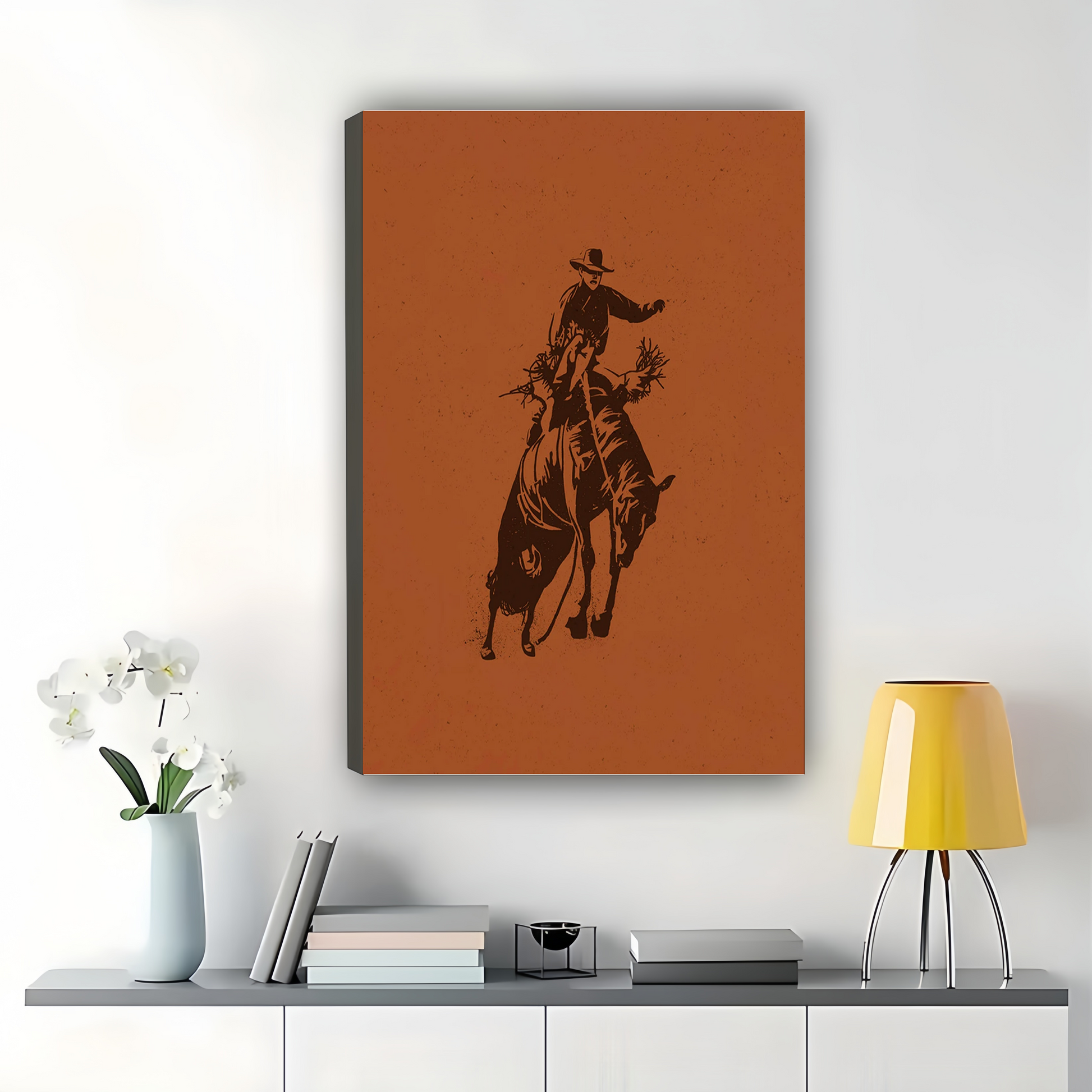 Rodeo Cowboy – Minimalist Western Silhouette Wall Art on Natural Wood Canvas