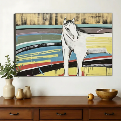 White Horse in Abstract Landscape Wall Art – Contemporary Mixed Media Canvas Print on Natural Wood Frame