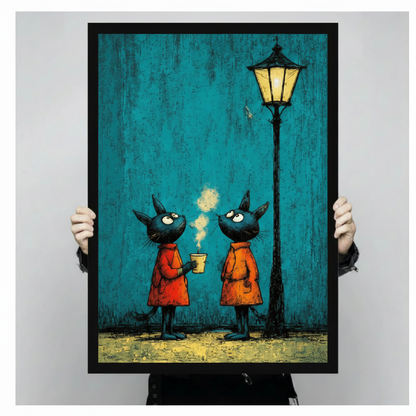 Night Cats Coffee Street Art Canvas Wall Art