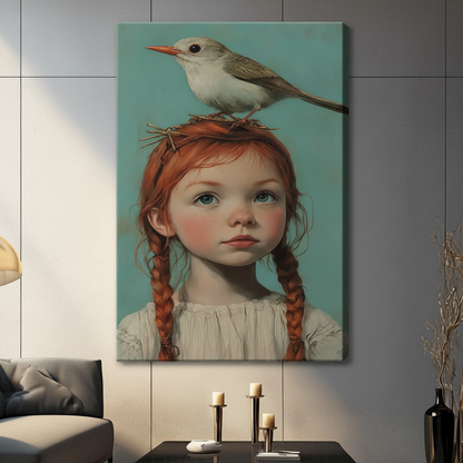 Girl With Bird Portrait Canvas Wall Art