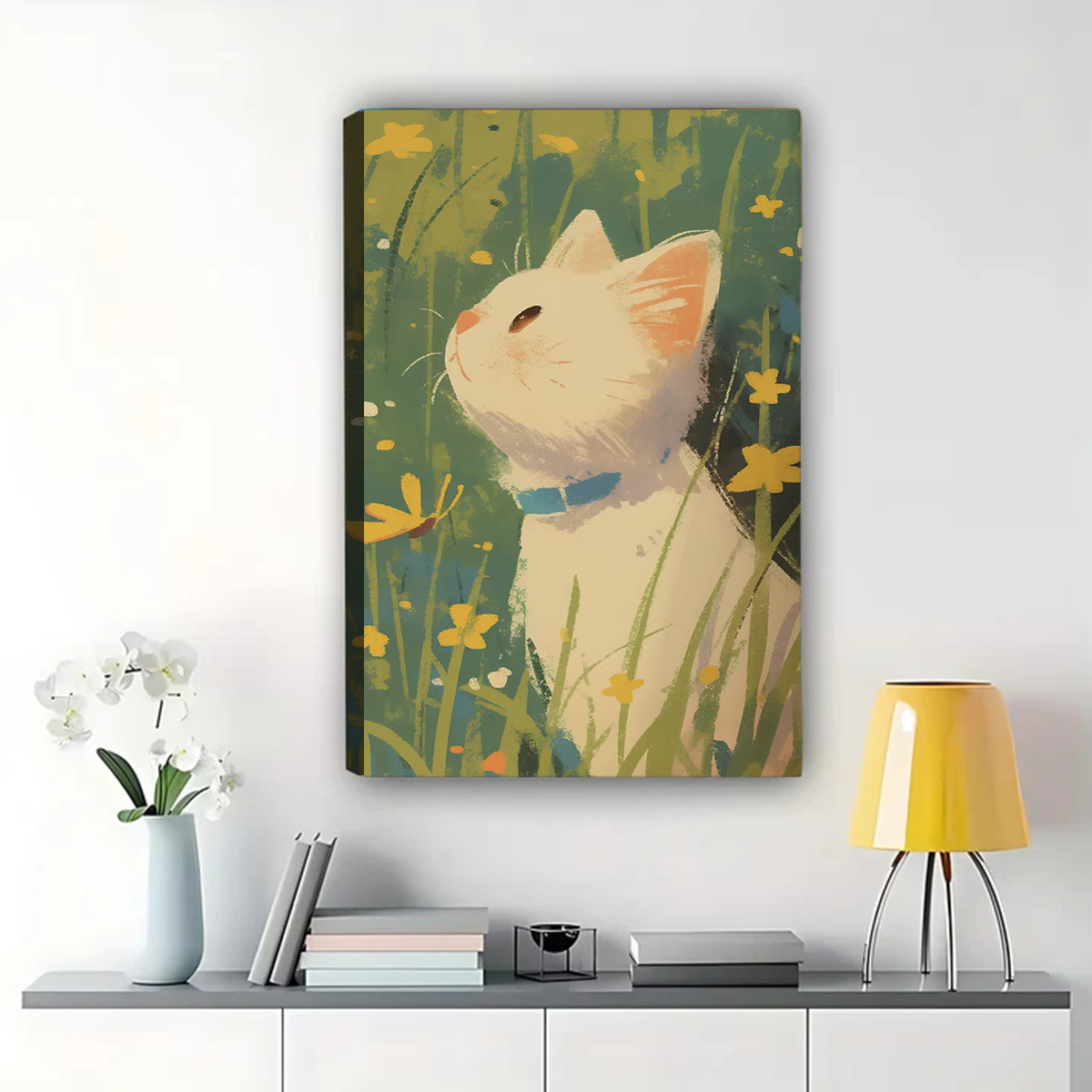 White Cat in Wildflowers Wall Art - Impressionist Canvas Print