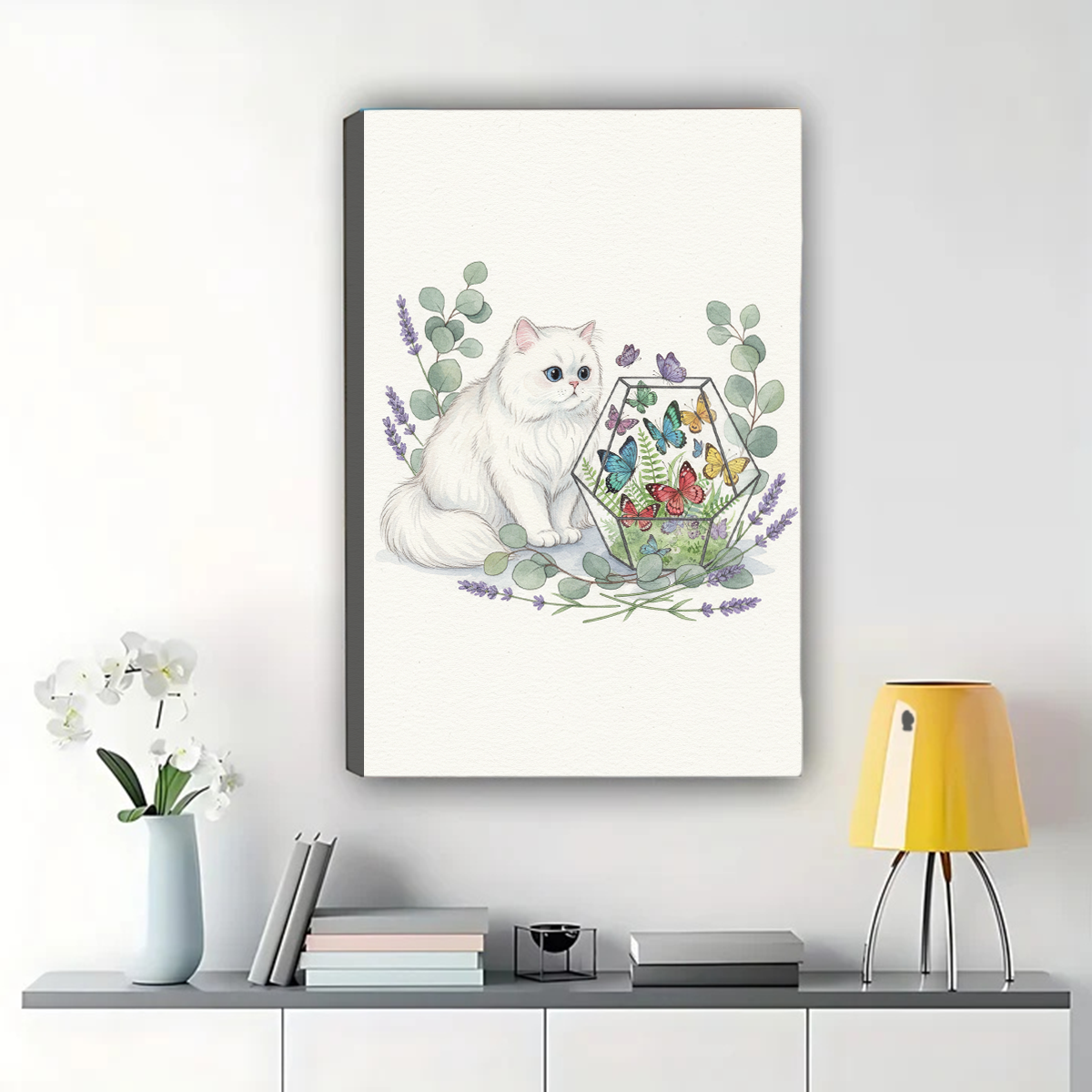 White Cat with Butterfly Terrarium Wall Art Canvas
