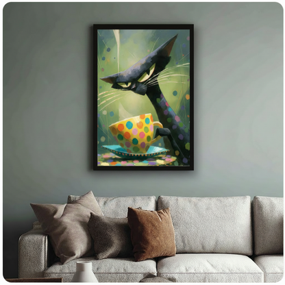 Black Cat Polka Dot Teacup Whimsical Canvas Wall Art