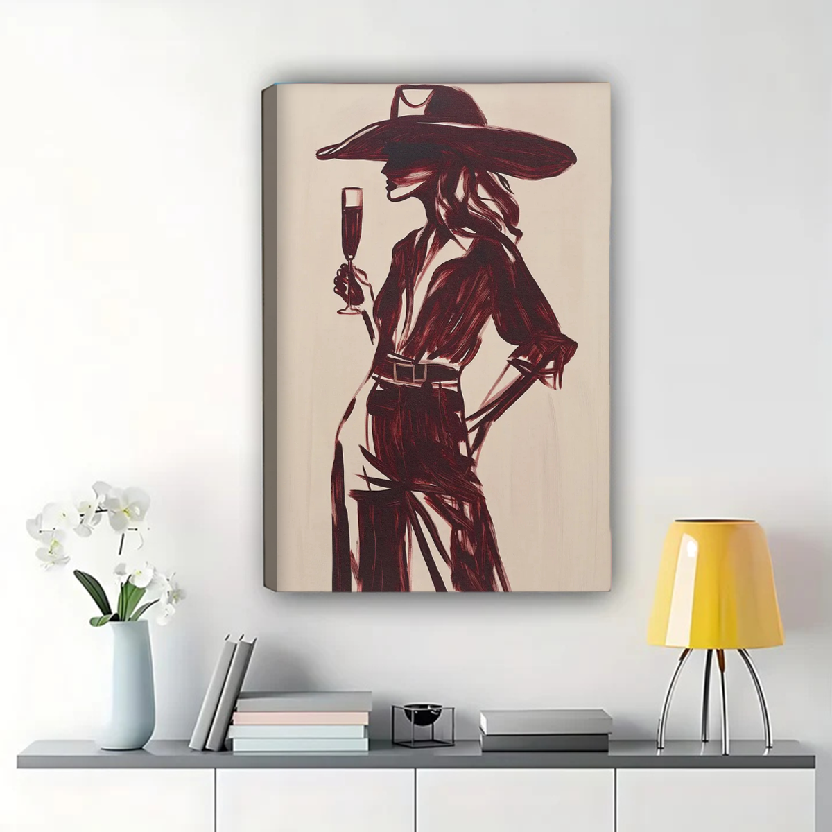 Elegant Woman with Champagne Wall Art - Burgundy Fashion Silhouette Print