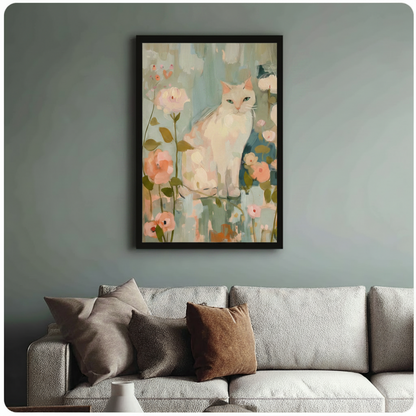 White Cat Floral Impressionist Canvas Wall Art