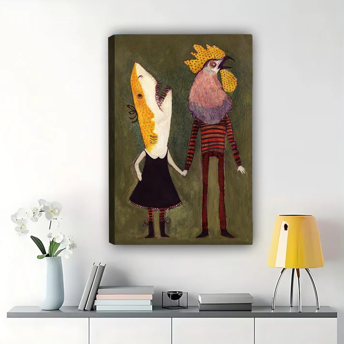 Fish and Rooster Couple Wall Art - Whimsical Surreal Print