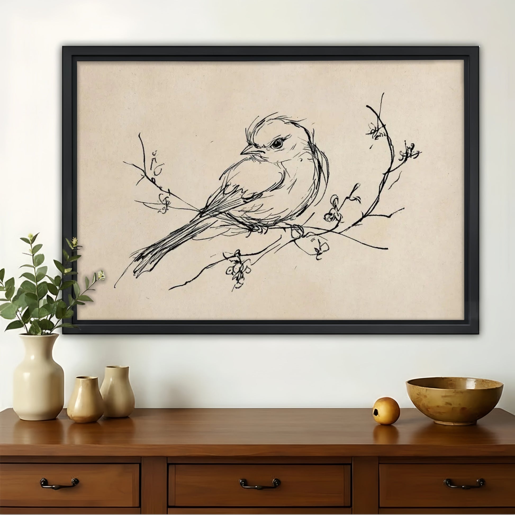 Bird on Branch Sketch Wall Art – Minimalist Nature Canvas
