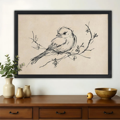 Bird on Branch Sketch Wall Art – Minimalist Nature Canvas