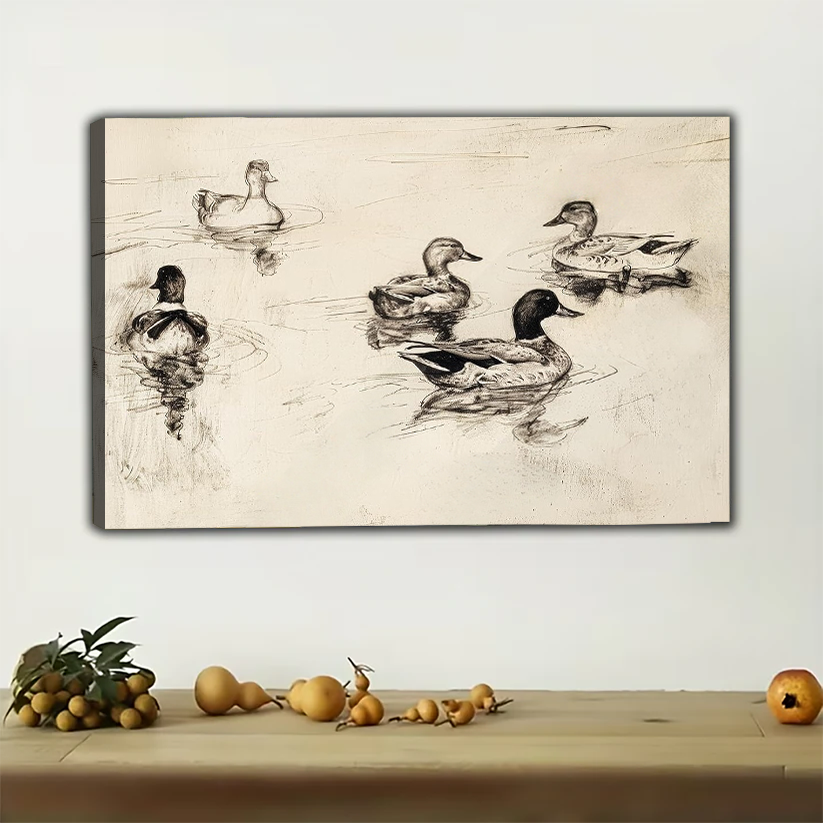 Vintage Ducks on Water Wall Art - Classic Sketch Print