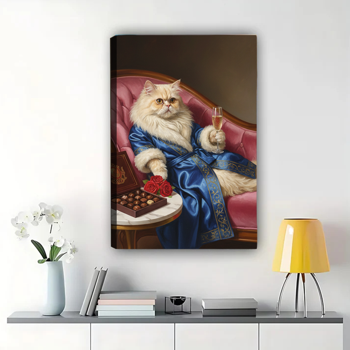 Persian Cat in Blue Robe Canvas Wall Art - Elegant Animal Portrait with Champagne