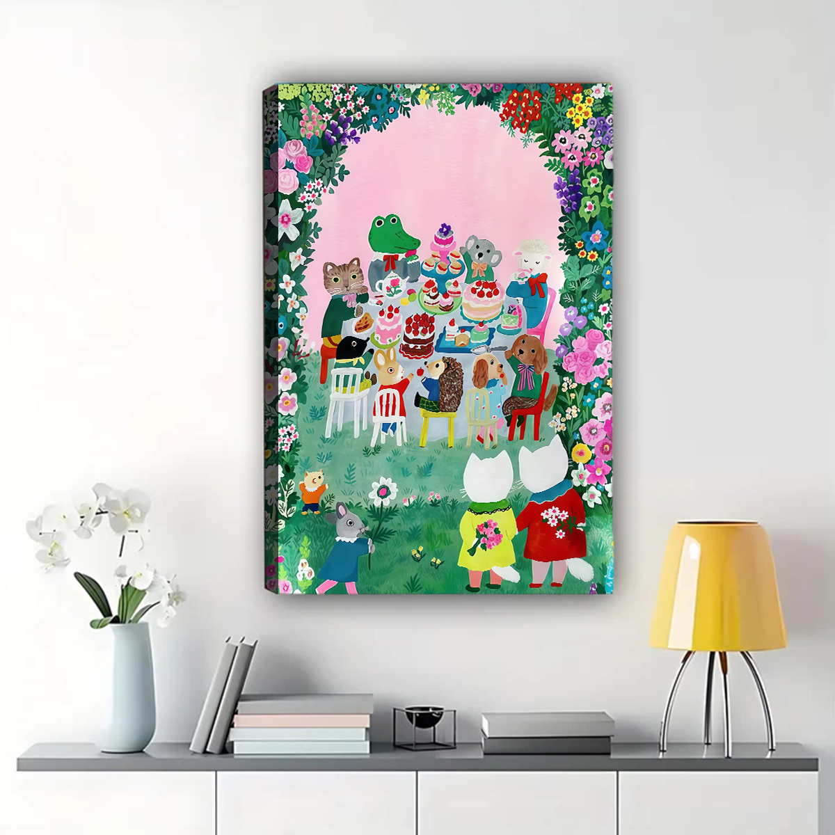 Woodland Creatures Tea Party Print - Enchanted Garden Art Canvas Wall Art