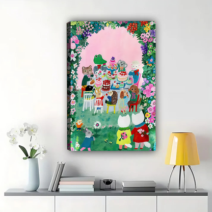 Woodland Creatures Tea Party Print - Enchanted Garden Art Canvas Wall Art