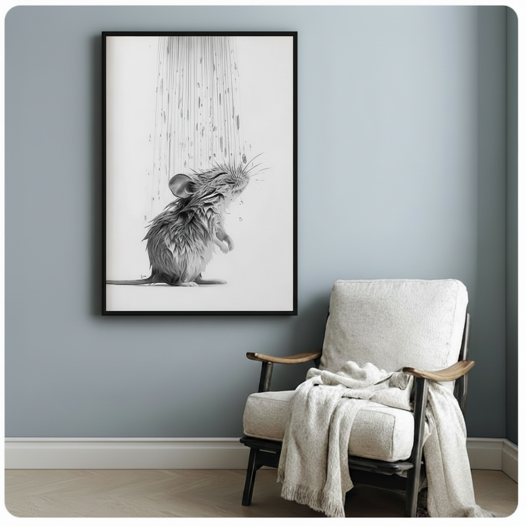 Wet Mouse Shower Pencil Sketch Canvas Art Wall Art