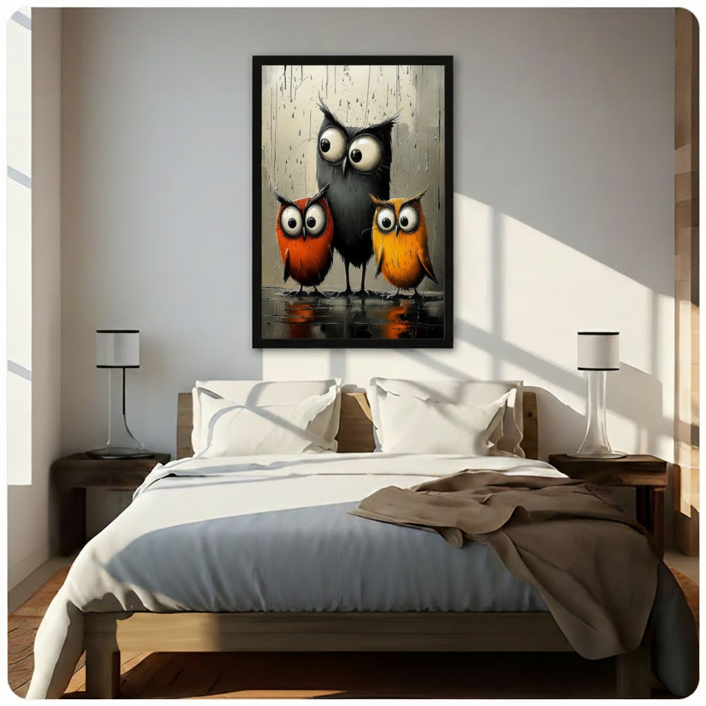 Three Owls Whimsical Canvas Wall Art | Rainy Day