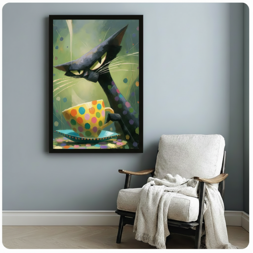 Black Cat Polka Dot Teacup Whimsical Canvas Wall Art