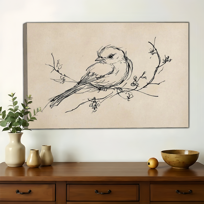 Bird on Branch Sketch Wall Art – Minimalist Nature Canvas