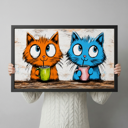 Two Cats Morning Coffee Horizontal Canvas Wall Art