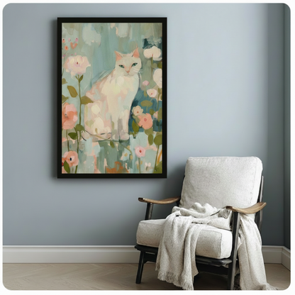 White Cat Floral Impressionist Canvas Wall Art
