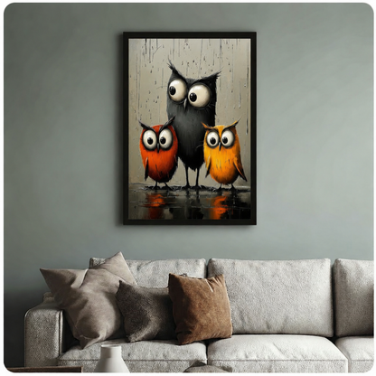 Three Owls Whimsical Canvas Wall Art | Rainy Day