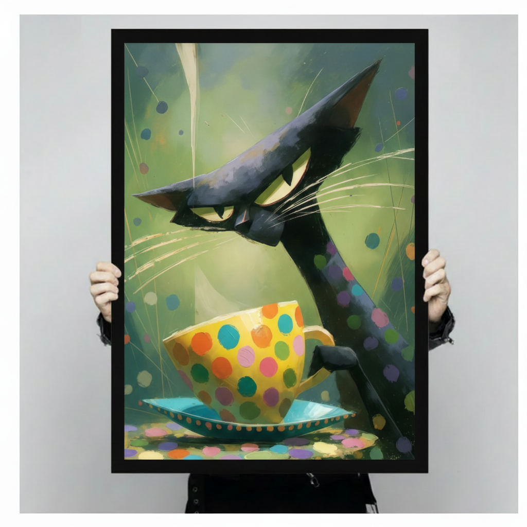 Black Cat Polka Dot Teacup Whimsical Canvas Wall Art