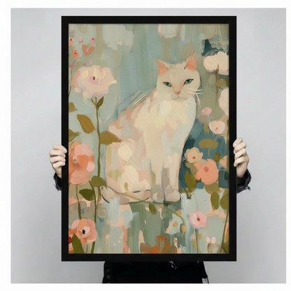 White Cat Floral Impressionist Canvas Wall Art