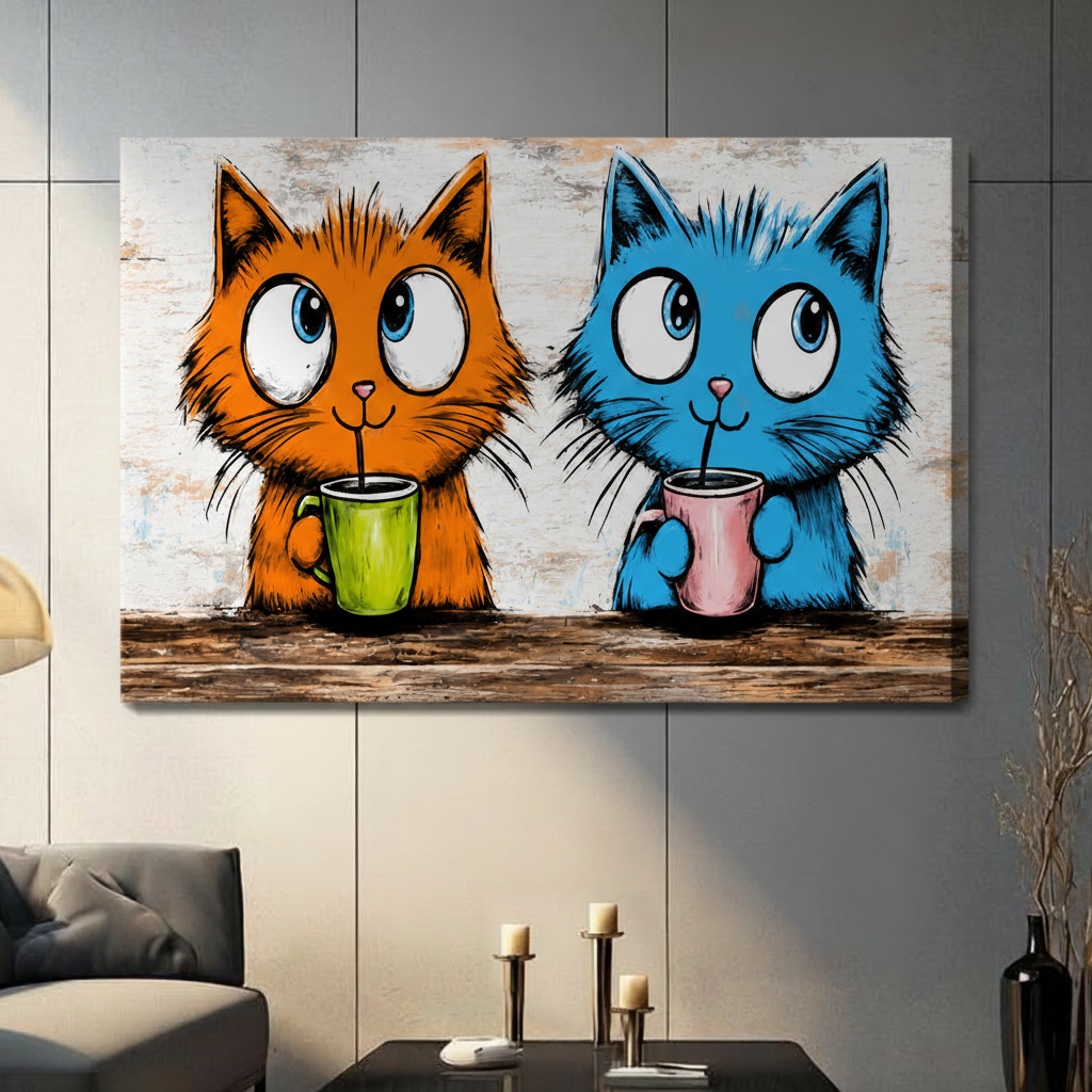 Two Cats Morning Coffee Horizontal Canvas Wall Art