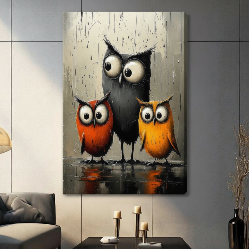 Three Owls Whimsical Canvas Wall Art | Rainy Day
