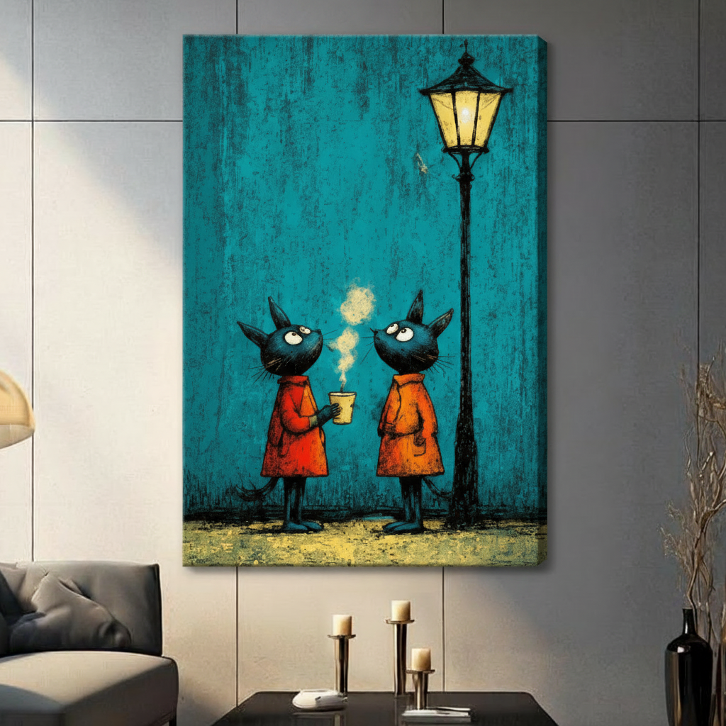 Night Cats Coffee Street Art Canvas Wall Art