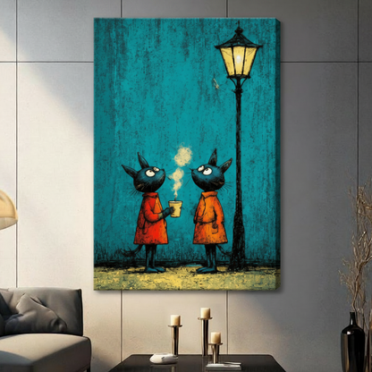 Night Cats Coffee Street Art Canvas Wall Art