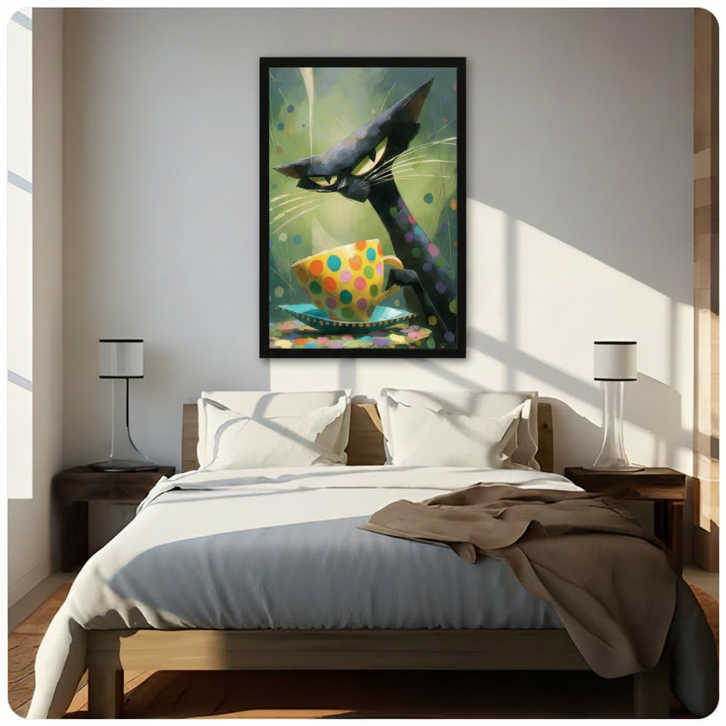 Black Cat Polka Dot Teacup Whimsical Canvas Wall Art