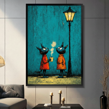 Night Cats Coffee Street Art Canvas Wall Art
