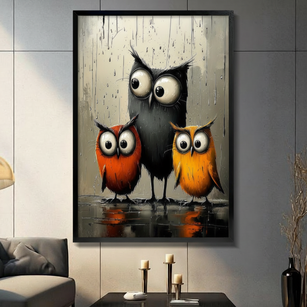 Three Owls Whimsical Canvas Wall Art | Rainy Day