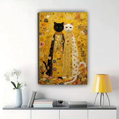 Klimt-Style Black & White Cats – Artistic Parody Wall Art on Natural Wood Canvas