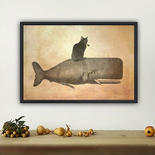 The Whimsical Cat-On-Whale – Playful Fantasy Wall Art on Natural Wood Canvas