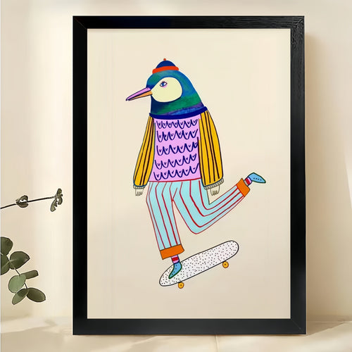 The Skateboarding Owl – Playful Cartoon Wall Art on Natural Wood Canvas