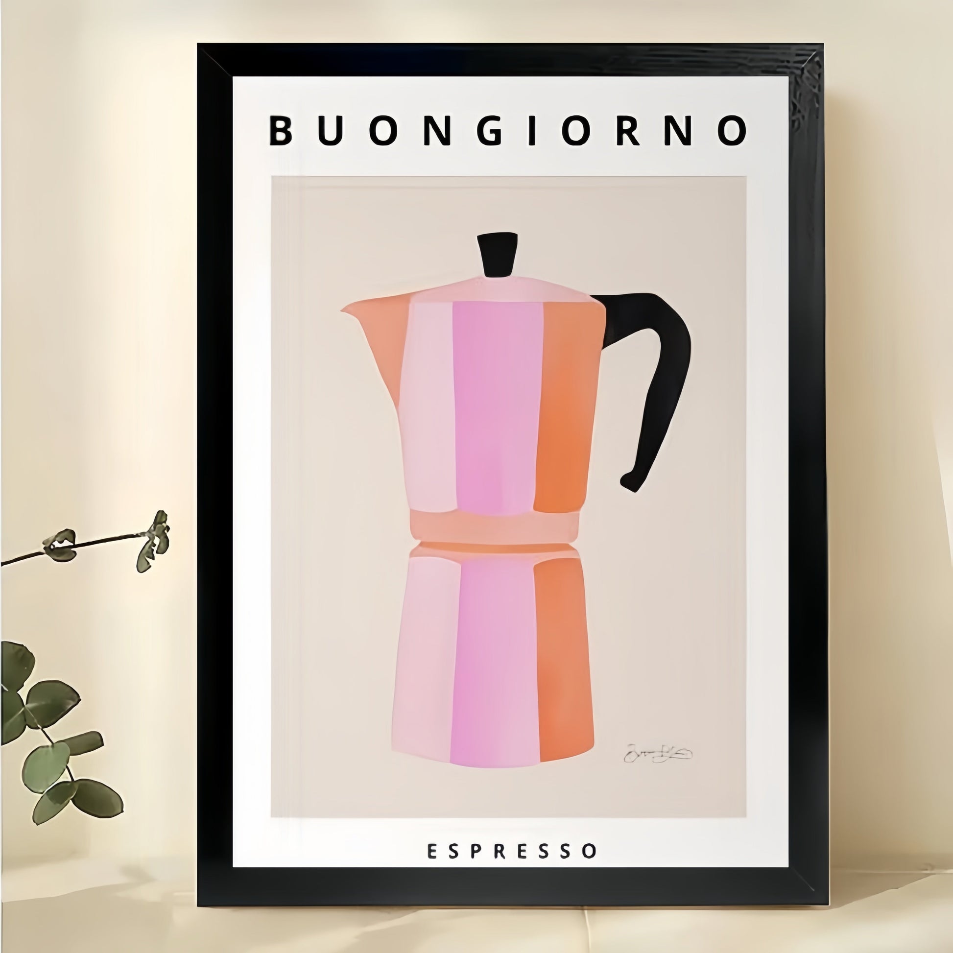 Buongiorno Espresso Moka Pot – Retro Coffee Kitchen Wall Art on Natural Wood Canvas