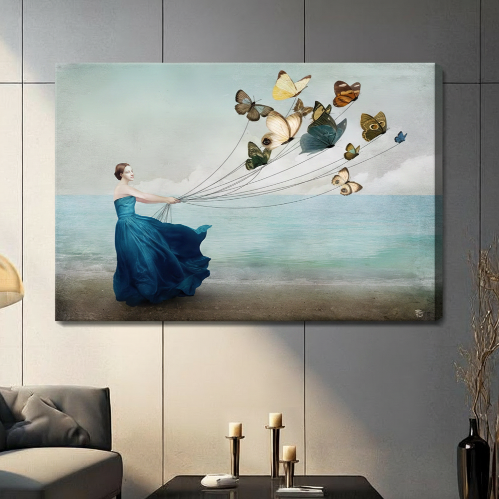 Dreamy Woman Butterfly Beach Canvas Art Wall Art