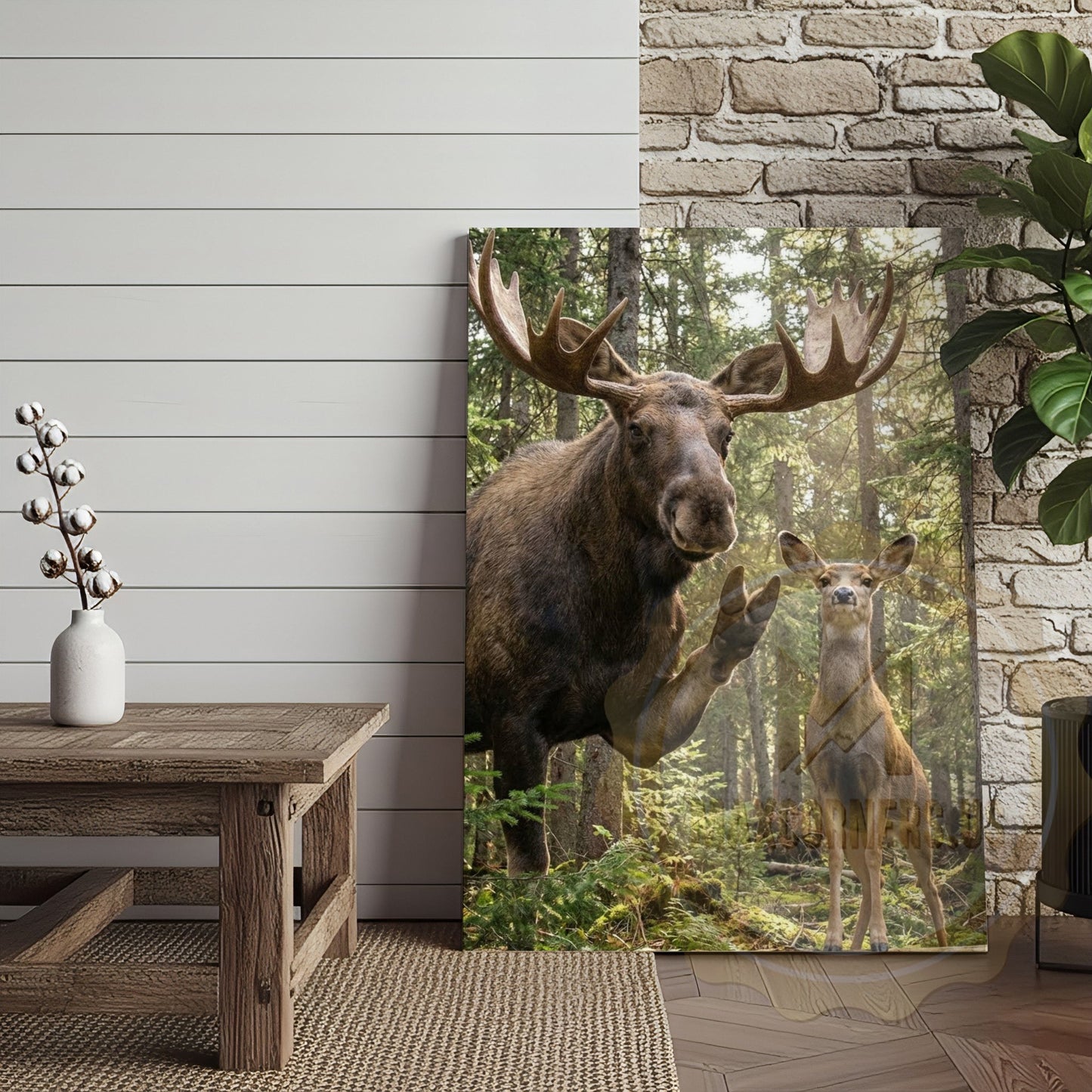 Funny Moose Deer Canvas Wall Art - Forest Family Photobomb Humor