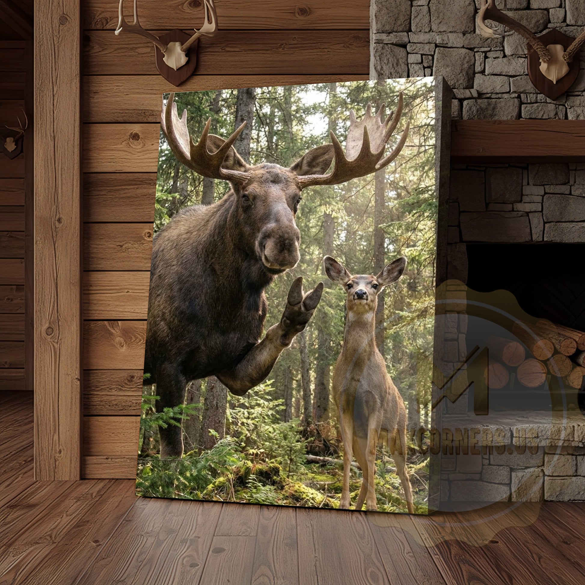 Funny Moose Deer Canvas Wall Art - Forest Family Photobomb Humor