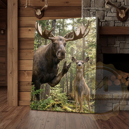 Funny Moose Deer Canvas Wall Art - Forest Family Photobomb Humor