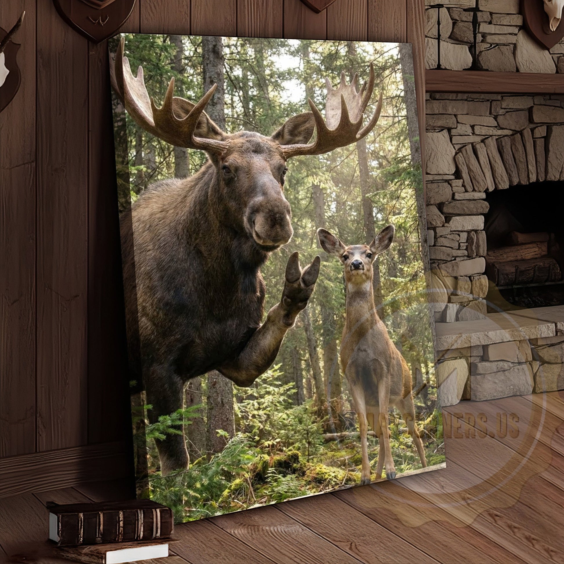 Funny Moose Deer Canvas Wall Art - Forest Family Photobomb Humor
