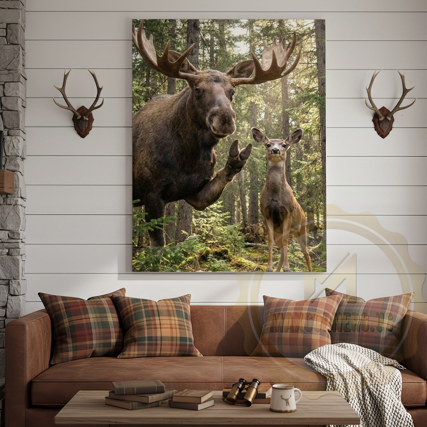 Funny Moose Deer Canvas Wall Art - Forest Family Photobomb Humor