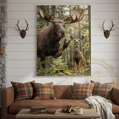 Funny Moose Deer Canvas Wall Art - Forest Family Photobomb Humor