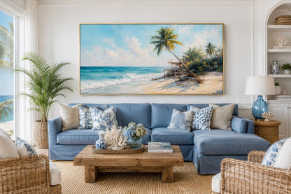 Tropical Beach with Palm Trees and Turquoise Waves, Coastal Wall Art