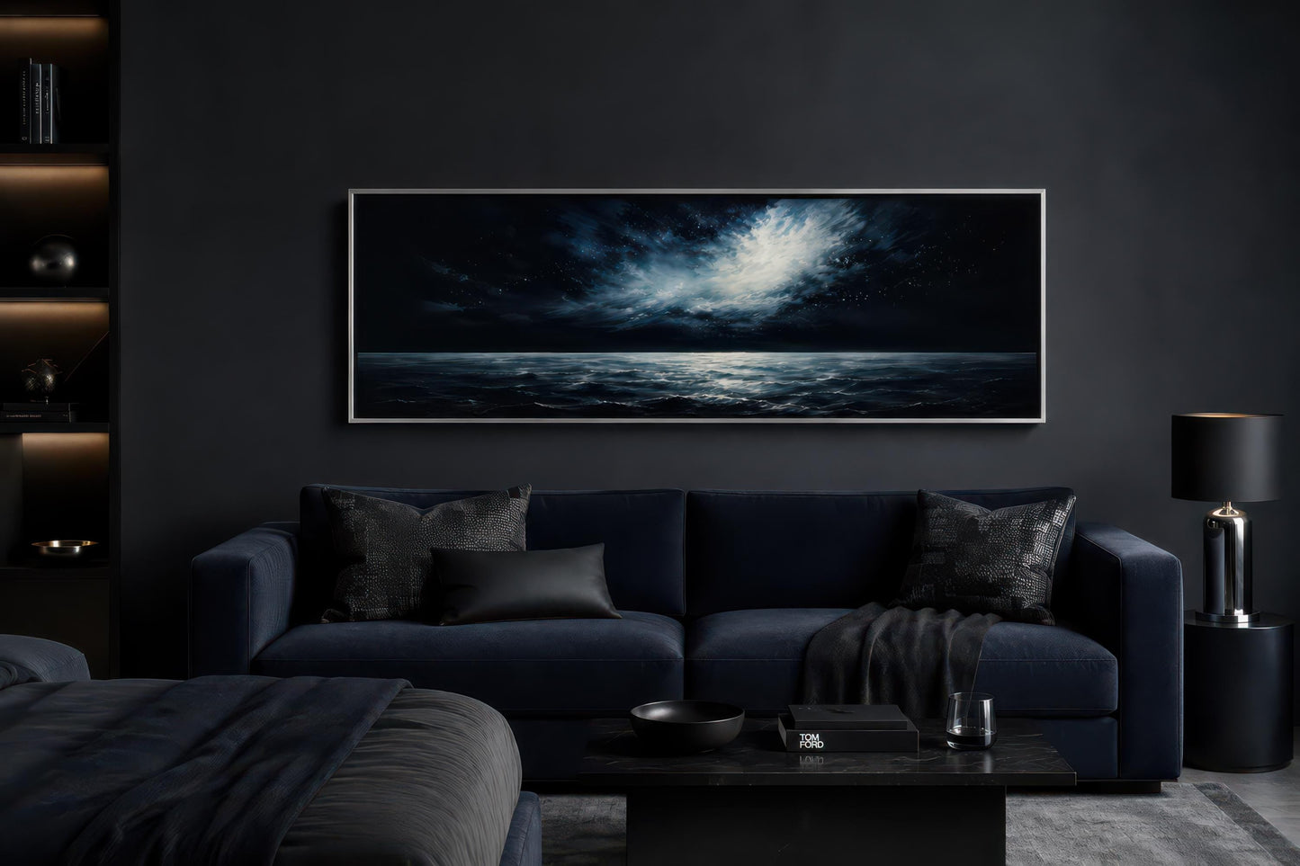Dark Navy Moonlit Ocean Night Sky Seascape Painting, Moody Masculine Bedroom Decor Canvas Wall Art