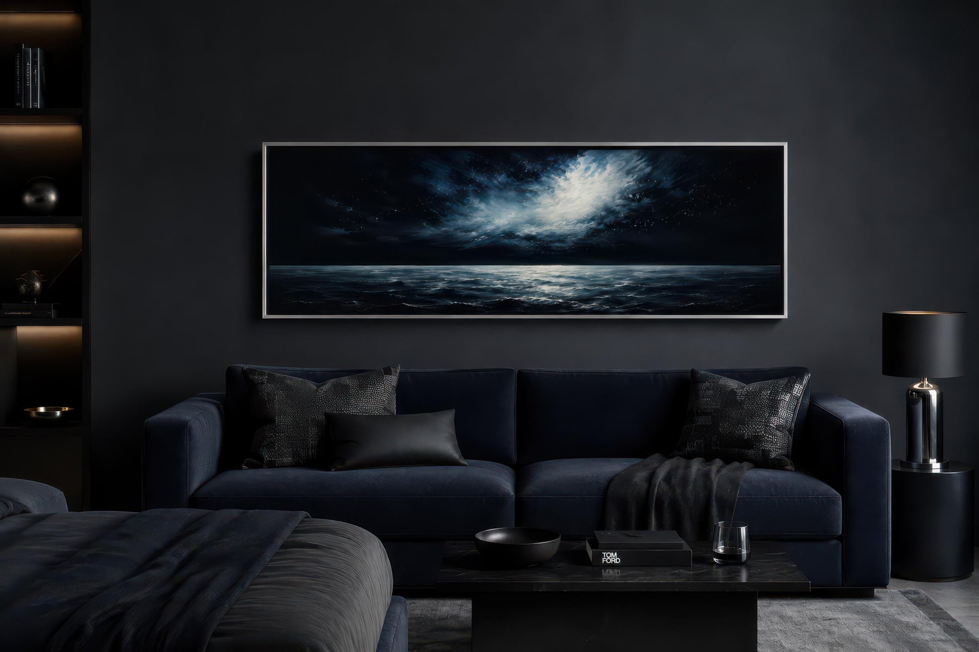 Dark Navy Moonlit Ocean Night Sky Seascape Painting, Moody Masculine Bedroom Decor Canvas Wall Art