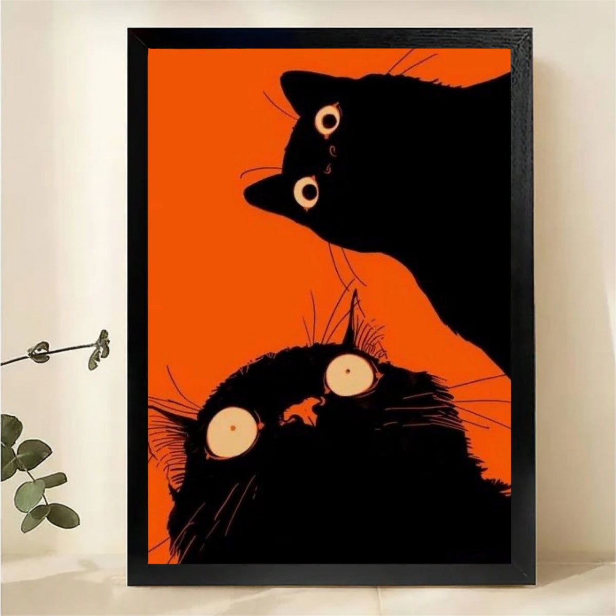 Two Black Cats Wall Art - Bold Orange Background Print