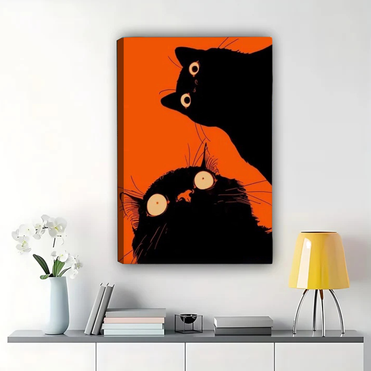 Two Black Cats Wall Art - Bold Orange Background Print