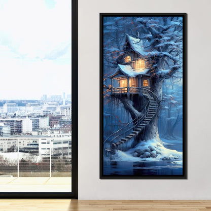 Winter Tree House Canvas Wall Art
