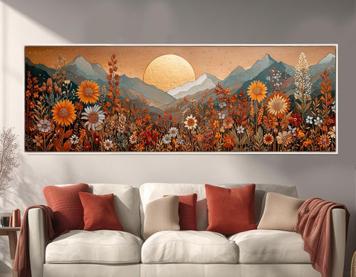 Boho Mountain Landscape - Earthy Wildflower Art | Framed Canvas Print in Warm Colors